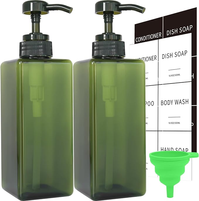 Green Soap Dispenser with Waterproof Labels, Thickened Plastic Hand Soap Dispenser for Bathroom, Kitchen Dish Washing Liquid Bottles, Shampoo and Conditioner Bottles with Funnel (16oz 2Pack Green)