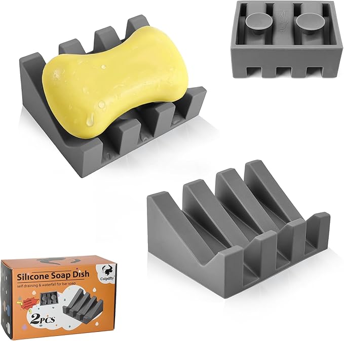 Self Draining Soap Dish,Silicone Suction Cup Soap Holder, Bathroom Soap Dish for Bar Soap,Can Extend Soap Life,Bathroom, Bath Tub, Kitchen Sink Grey - 2 Pack