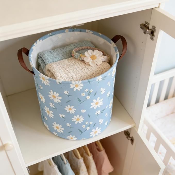 Daisy hamper,Blue flower Laundry Basket,Baby Nursery Hamper,Waterproof foldable girls toy storage box,Dirty Clothes Hampers,Flower house decor(Daisy)