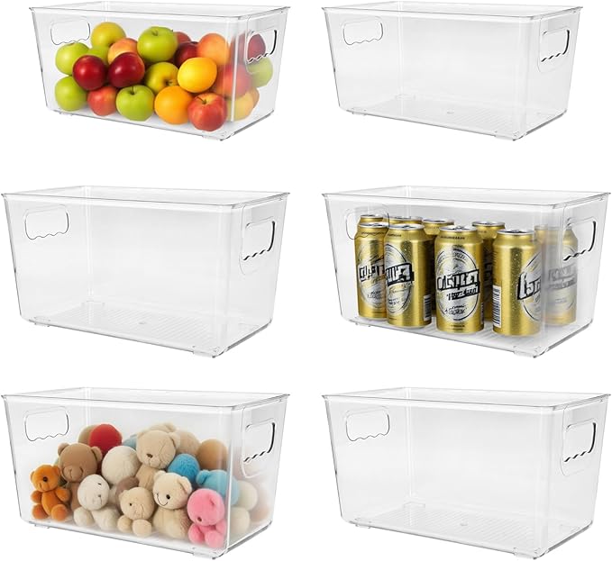 6 Pack Clear Plastic Storage Bins with Handles, Stackable Pantry Fridge Cabinet Under Sink Organizers and Storage, Multi-use Large Home Kitchen Bathroom Organization for Shelf Closet Drawer