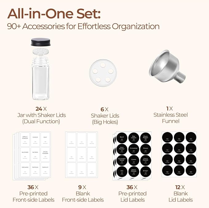 ComSaf Glass Spice Jars with Label, 24Pcs 4oz, 93 Labels, a Metal Funnel, Extra Shaker Lids, Empty Spice Containers and Square Spice Bottles for Kitchen and Seasoning