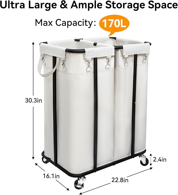 WOWLIVE Double Laundry Hamper with Wheels 170L Rolling Laundry Basket Organizer Laundry Cart with Steel Frame and Removable Bags Large Dirty Clothes Hamper Dorm Room Storage for Bedroom (Beige)