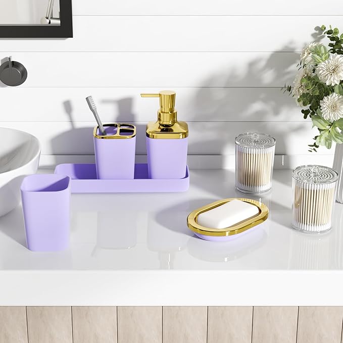 Purple Bathroom Accessories Set, Purple and Gold Bathroom Accessories with Trash Can, Soap Dispenser, Soap Dish, Toothbrush Holder and Q-tip Holders