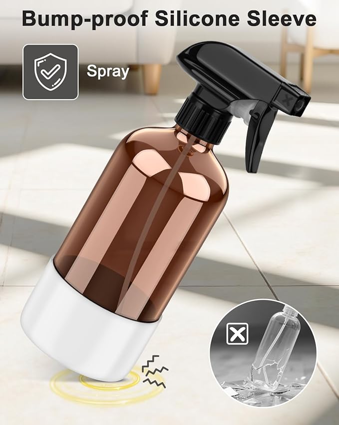 Amber Glass Spray Bottle with Silicone Sleeve Protection, 16 oz Refillable Spray Bottle for Cleaning Solutions, Plants, Aromatherapy, Facial Hydration (White Sleeve(Amber Bottle)