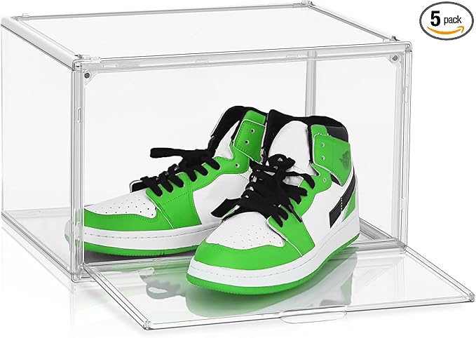 5 Pack Acrylic Shoe Box Size 14, Clear Plastic Stackable Sneaker Shoe Display Case Transparent Storage Bins Handbag Organizer Containers with Magnetic Lids, Figures Collectibles Showcase