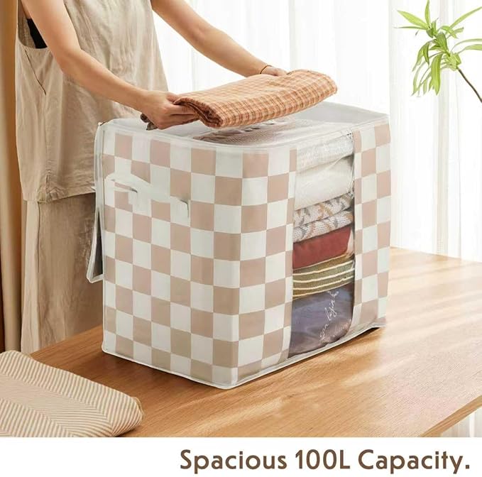 Beige Checkered Clothes Storage Bins, 100L Large Blanket Storage Bags 3 Pack, Closet Organizers and Storage Containers for Comforters, Bedding, Foldable Organizer with Handle