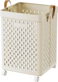 UAK 67L Plastic Laundry Basket with Wheels & Handle, Heavy Duty Foldable Laundry Hamper – Easy Clean Waterproof Rolling Organizer for Bathroom & Laundry Room, Ivory