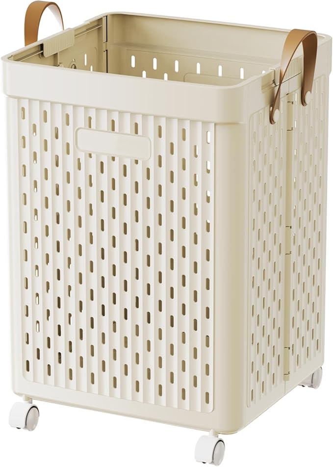 UAK 67L Plastic Laundry Basket with Wheels & Handle, Heavy Duty Foldable Laundry Hamper – Easy Clean Waterproof Rolling Organizer for Bathroom & Laundry Room, Ivory