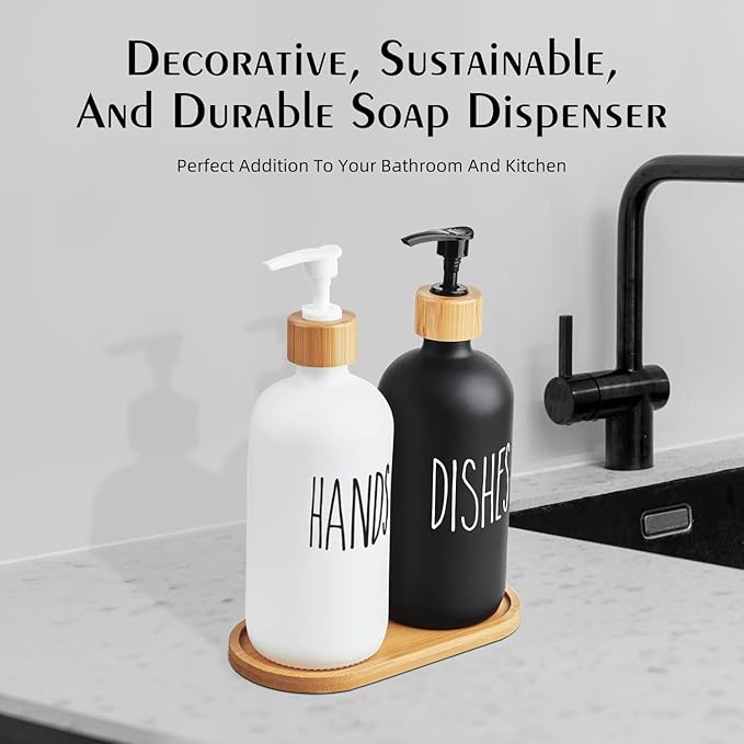 Arktek Glass Soap Dispenser Set with Tray, 2 Pack Hand and Dish Soap Dispenser Set for Bathroom and Kitchen Bottle Dispenser with Dish Soap, Hand Soap, Lotion 17 Oz (Black & White)
