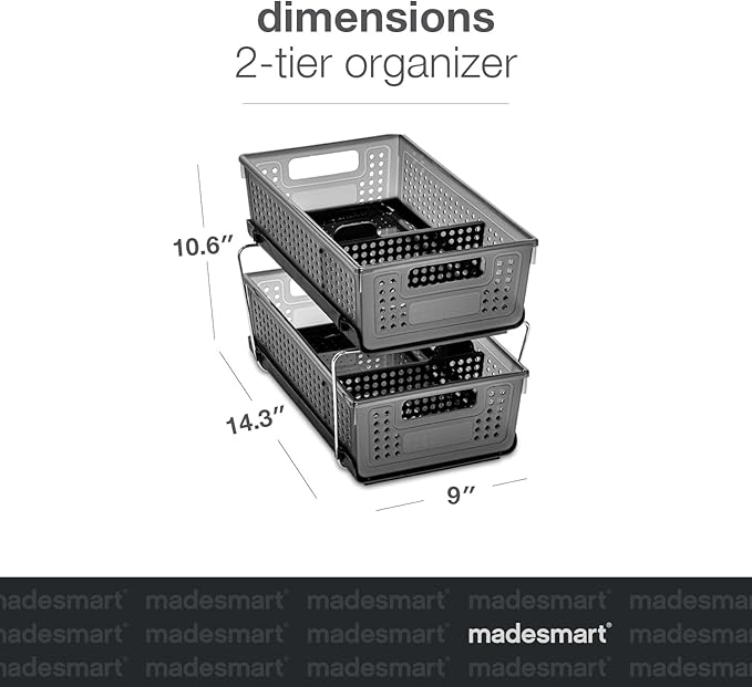 madesmart Antimicrobial 2-Tier Organizer Multi-Purpose Slide-Out Storage with Handles and Dividers for Home and Bath, Pack of 1, Carbon