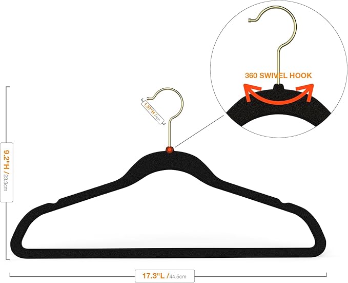 Korpai 50 Pack Black Velvet Hangers,Coat Hanger Non Slip,Heavy-Duty,Space Saving,Slim Clothes Hangers for Pants,Outfit,Skirts,Suits,Coats,Dresses ect.Felt Hangers with Gold 360°Swivel Hook