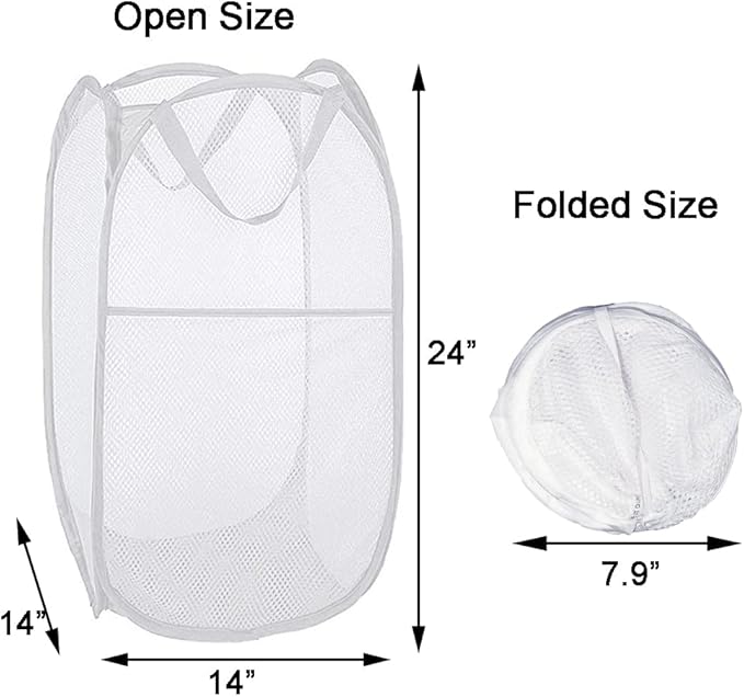 Pack of 2 Pop Up Laundry Hampers, Collapsible Mesh Laundry Baskets, Foldable Clothes Hampers for Bathroom, College Dorm, Travel (White)