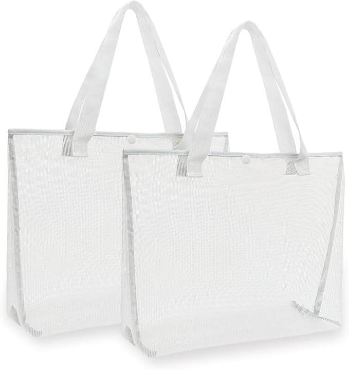 2Pack Large lightweight Simple Mesh Beach Tote Bag With snap Button Reusable Pool Bag for Outdoor Travel Shopping Gym