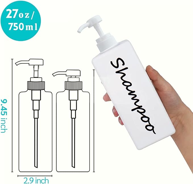 21oz Shampoo and Conditioner Dispenser (Set of 3) Modern Refillable Shampoo Pump Bottles for Shower Soap - Empty Shampoo Conditioner Body Wash Dispenser Set - Stylish Permanent Labels - for Bathroom