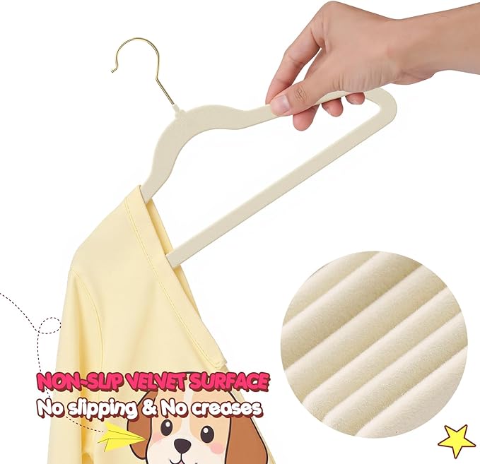 Korpai 50 Pack Kids Velvet Hangers 14 Inch, Non-Slip, Ultra Slim,Space-Saving Kids Hangers with 360° Swivel Hook, 7LBS Capacity, Kids Clothes Hangers Ideal for Youth's Dresses/Shirts/Coats, Beige