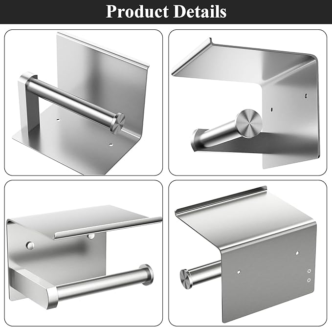 Tindbea Toilet Paper Holder with Phone Shelf, Adhesive or Screw Wall Mount Toilet Tissue Roll Holder, Rustproof & Multifunctional Stainless Steel Bathroom Storage Dispenser (Brushed Nickel)