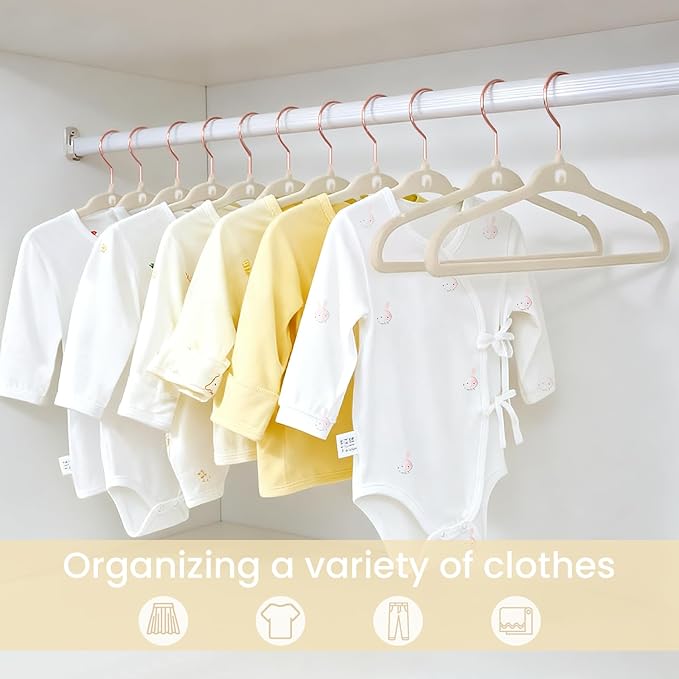 Baby Velvet Hangers 30 Pack, 11 Inch Stackable Kids Hanger for Closet, Ultra Slim Non-Slip Toddler Hangers with Rose Gold Swivel Hook & 10 Clips, Felt Hanger for Children's Clothes, Beige