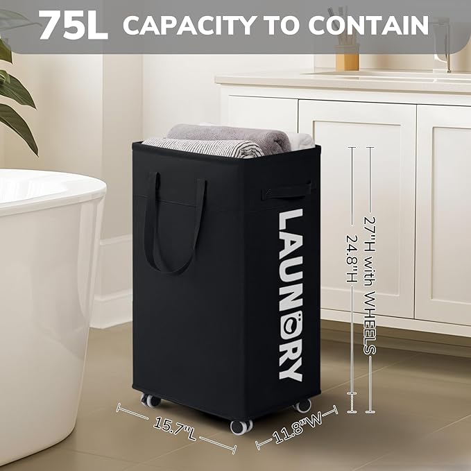CHICVITA 75L Slim Laundry Hamper with Wheels and Removable Wash Bag, Black Rolling Basket with Handle for Laundry Room