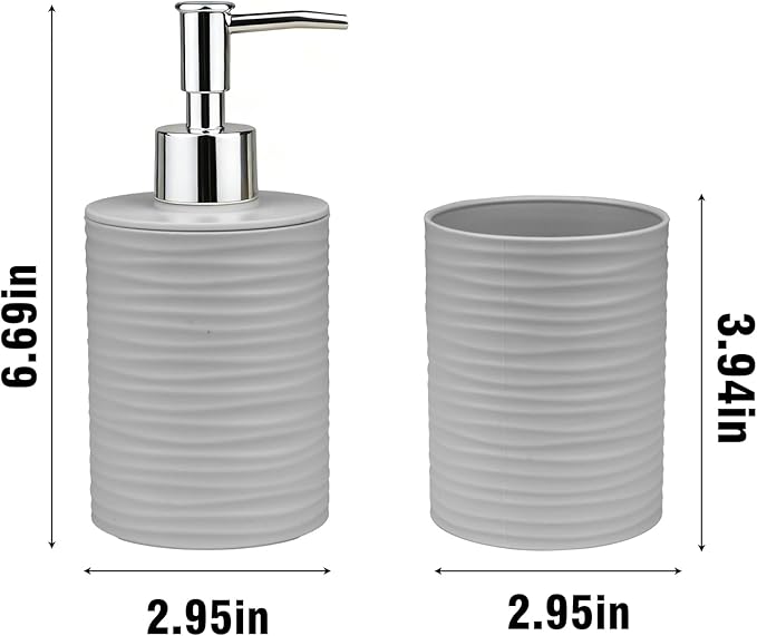 Bathroom Accessories Set, 2-Piece Gray Soap Dispenser & Toothbrush Holder with Ripple Texture & Rust-Proof Pump, Modern Matte Organization