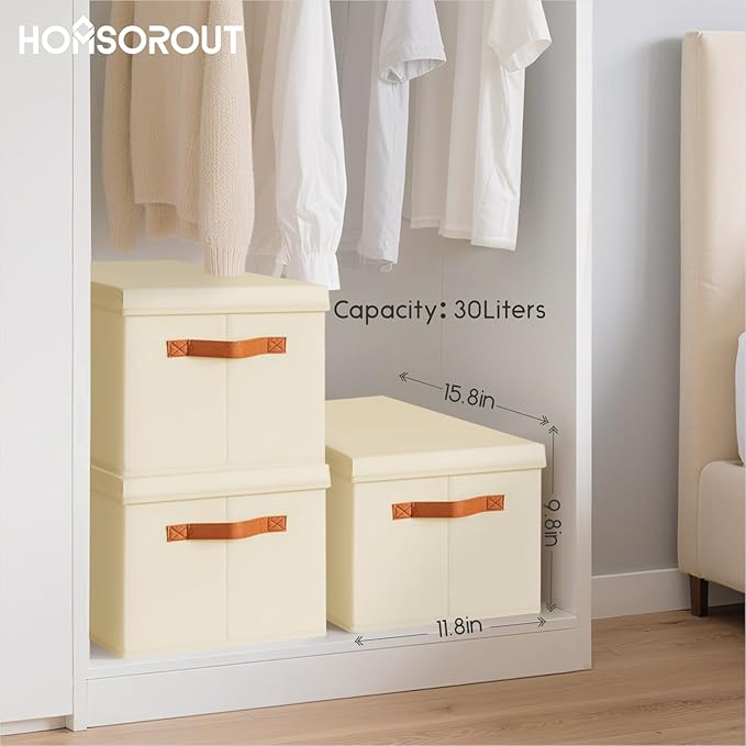 Storage Bins with Lids - Large Fabric Closet Bins with Lid, 5 Pack Clothes Organizers and Storage, Collapsible Stackable Cube Basket for Home, Office, Dorm, Beige