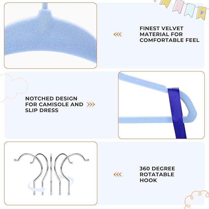 Velvet Baby Hangers with 10x Clips and 8X Dividers (30 Pack) | 11” Ultra-Slim Baby Clothes Hangers | Non-Slip Felt | Space-Saving Nursery & Infant Closet Organizer | Blue