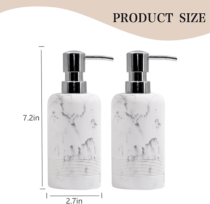 Resin Soap Dispenser Sets, 2 Pcs Heavy Lotion Dispensers,10.8oz Refillable Liquid Soap Dispensers with Rust-Proof Pump for Bathroom Countertop or Kitchen, Artificial Marble White