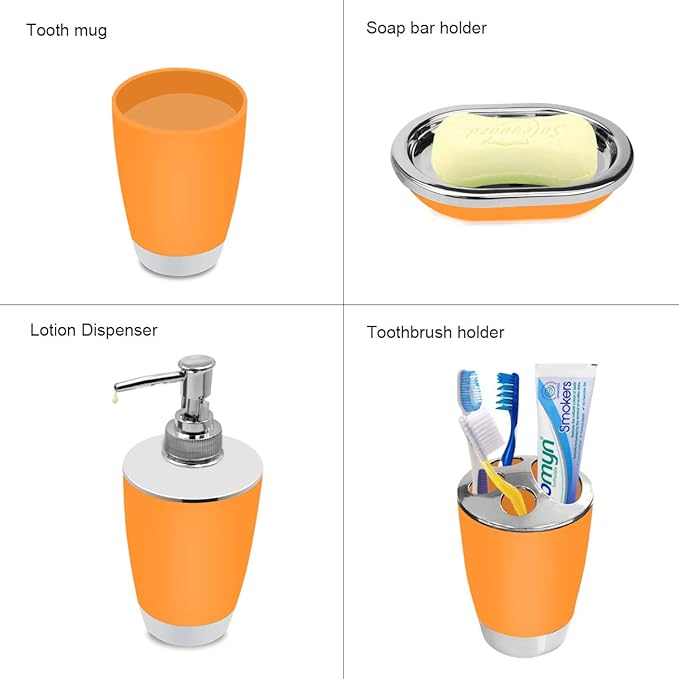 Bathroom Accessories Set, 6-Piece Plastic Gift Set, Toothbrush Holder, Toothbrush Cup, Soap Dispenser, Soap Dish, Toilet Brush Holder, Trash Can (Orang)