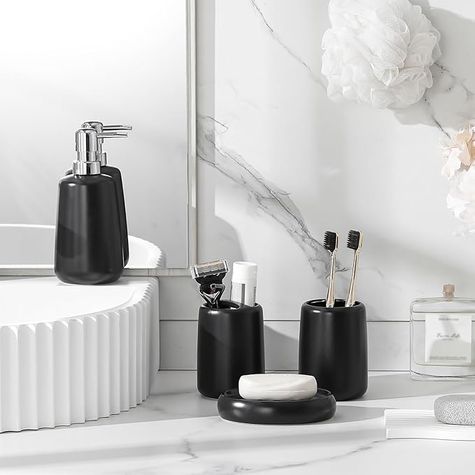 MALACASA Ceramic Bathroom Accessories Sets, 4 PCS,Soap Dispenser, Toothbrush Holder, Toothbrush Cup and Soap Dish, Durable Bathroom Sink Set for Modern Home Decor,Gift Set, Black