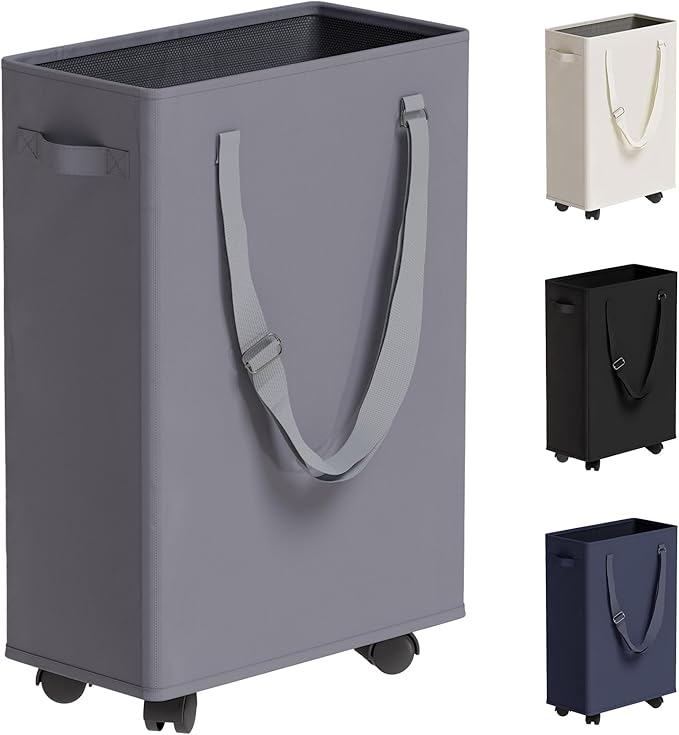 Slim Rolling Laundry Basket, Slim Laundry Hamper with Wheels and Adjustable Long Handles, 45L Small Laundry Baskets with Mesh Top, Narrow Dirty Clothes Hamper for Bedroom, Closet, and Bathroom - Grey