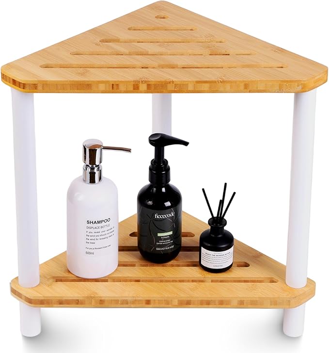 OKIIKOK Bamboo Corner Shower Stool for Inside Shower,2-Tier Waterproof Shower Bench Small Spaces,Shower Foot Rest with Storage Shelf Bath Seat White