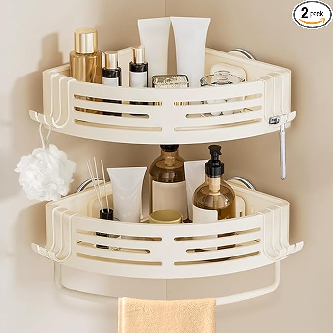 Conworld Corner Shower Caddy Suction Cups, Corner Shower Shelf With a Towel Bar, Shower Organizer Suction for Bathrooms Storage with Hooks, No-Drilling Removable (Aluminum, 2-Pack, Cream)