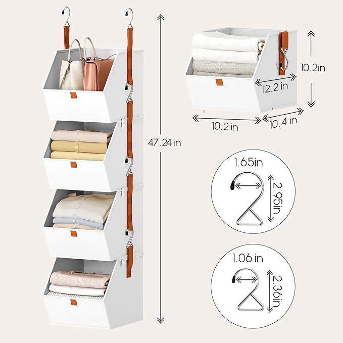 Hanging Closet Organizer 4 Tier - Clothes Hanging Shelves, Space-Saving Closet System, Fabric Storage Bins Bedroom Organization, Collapsible Baskets for Home, Dorm, Rv, White, 8 Pack