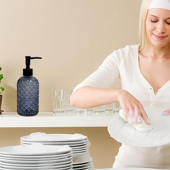 Glass Dish Soap Dispenser for Kitchen, 13.5oz Refillable Liquid Hand Soap Dispenser Set, Crystal Lotion Bottle for Modern Home Decor, Bathroom Countertop, Hotel(Blue Grey)