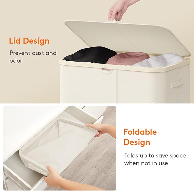 Lifewit 185L Large 3 Section Laundry Hamper with Lid, Plastic Laundry Basket with Bamboo Handles and Removable Bags, Tall Foldable Clothes Hamper for Bathroom Bedroom, White