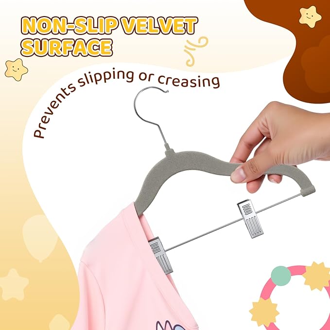 Flottian 24-Pack Baby and Kids Velvet Hangers with Clips, Non Slip and Space-Saving Kids Pants Hangers for Baby/Toddler Pants, Skirts, Coats, Gray