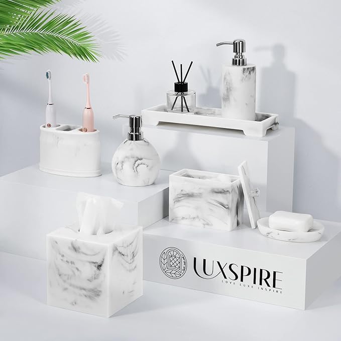 Luxspire Hand Soap Dispenser, 15.2 oz Marble Hand Lotion Bottle, Stainless Steel Pump Lotion Container, Refillable Liquid Hand Soap Jar, Resin Shower Dispensers for Bathroom, Kitchen, Marble White