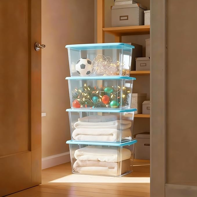 Storage Totes with Lids - Made in USA 14.5-Gallon (58-Quart) 4-Pack storage bins with lids plastic storage containers large storage boxes for Organizer Sky Blue/Clear