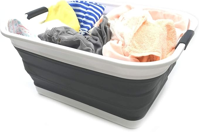 SAMMART 42L(11 gallon) Collapsible Plastic Laundry Basket-Foldable Pop Up Storage Container-Portable Washing Tub-Space Saving Basket,Water capacity 34L(9 gallon) (1 Rectangular - strengthen, Black)