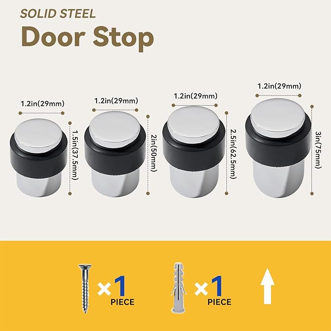 KHTUMEWARE 4 Pack 1-1/2 in Floor Door Stopper,Polished Chrome Door Stop,Wall Protector Commercial Door Bumper Wedge Decorative Cylindrical Install Door stoppers on The Floor