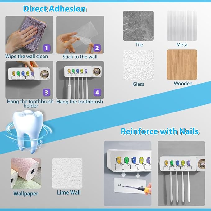 Bathroom Toothbrush Holder, Labelable with User Name, Multi-Slot Toothbrush Cleaner, Rechargeable Toothbrush Holder, Wall Mounted, for Bathroom, No Drilling Required, 5 Slots