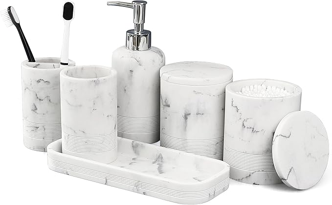 6-Piece Bathroom Accessories Set, Organizer Set with Soap Dispenser, Toothbrush Holder Set, Vanity Tray, Tumbler & 2 Cotton Swab Jars – Modern Stylish Bathroom Storage(Marble White)