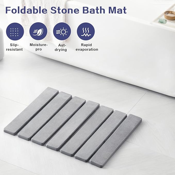 ODE TO ORDER 15.76 Inch Super Absorbent Diatomaceous Earth Mat for Bathroom, Light Grey Easy Clean Rollable Foldable Stone Bath Mat, Non-Slip Quick Dry Shower Mat for Kitchen, Outdoor Use