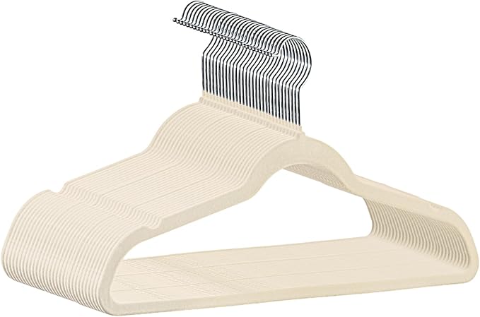 Premium Velvet Hangers 30 Pack, Non-Slip Suit Clothes Hangers, 360 Degree Swivel Hooks and Slim Profile to Maximize Closet Space Beige/Silver