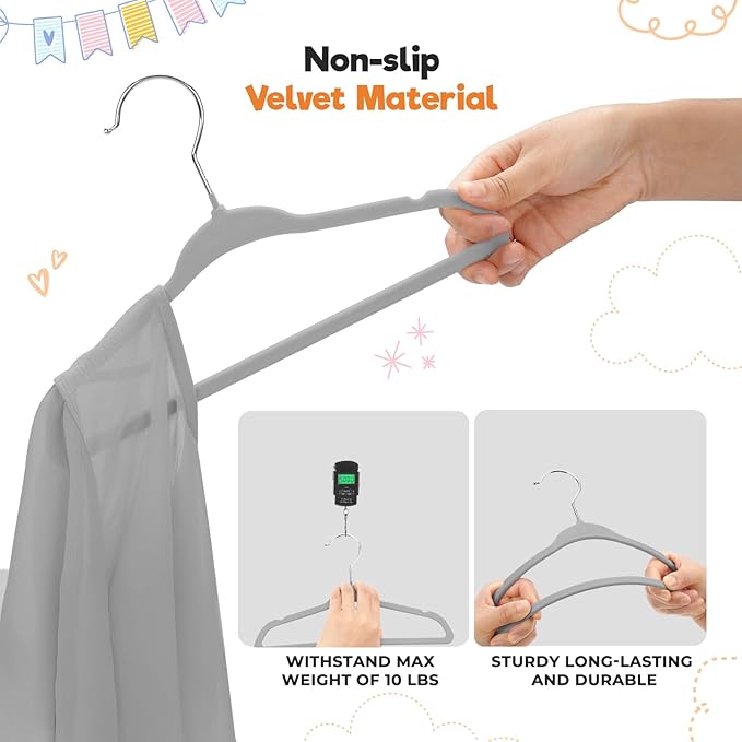 Velvet Baby Hangers with Clips (30 Pack) | 11” Ultra-Slim Baby Clothes Hangers | Non-Slip Felt | Space-Saving Nursery & Infant Closet Organizer | Gray