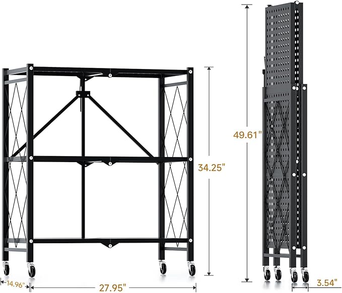 HealSmart Heavy Duty 3-Tier Foldable Metal Rack, 14.96" D x 27.95" W x 34.25" H Storage Shelving Unit 750 lbs with Wheels Moving Organizer Shelves for Garage Kitchen, Black, 2 Pack