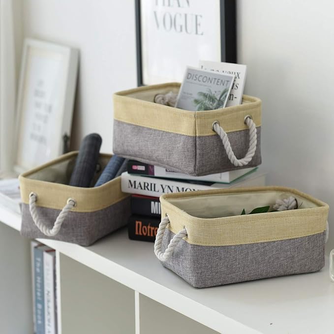 Sacyic Fabric Storage Baskets for Organizing(6 Pack) Small Baskets for Shelves,storage, Laundry, Nursery, Closets, Decorative Baskets for Gifts Empty (Grey & gold, 11.8” x 7.8” x 5.1”)