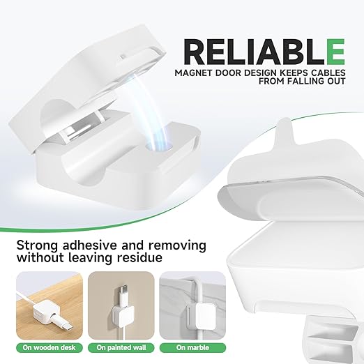 12 White Magnetic Cable Clips,Under Desk Cable Management,Cord Holder for Nightstand Home Office Car Phone Wall,2025 Adhesive Cord Organizer[0.45" in Ht Save Space/Versatile for Wire Up to 0.27" OD]