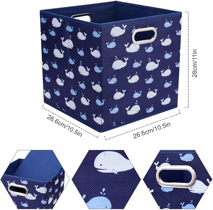 Whale Collapsible Cloth Storage Cube Baskets Blue Fabic Cube Bins 10.5x 10.5 x11 in Foldable Storage Cube Boxes Folding Storage Inserts Drawer for Cube Organizer Storage ,QY-SC11-3