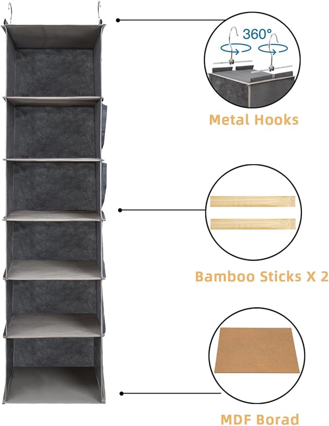 6-Shelf Hanging Closet Organizer and Storage, Collapsible Hanging Shelves for Closet with 2 Side Pockets, Hanging Shoe Organizer to Saving Space,Grey