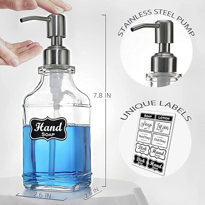 JASAI 2Pack Antique Design Glass Soap Dispenser with Rust Proof 304 Stainless Steel Pump, Refillable Hand Soap Dispenser with 10Pcs Stickers, Premium Soap Dispensers for Kitchen & Bathroom (Clear)